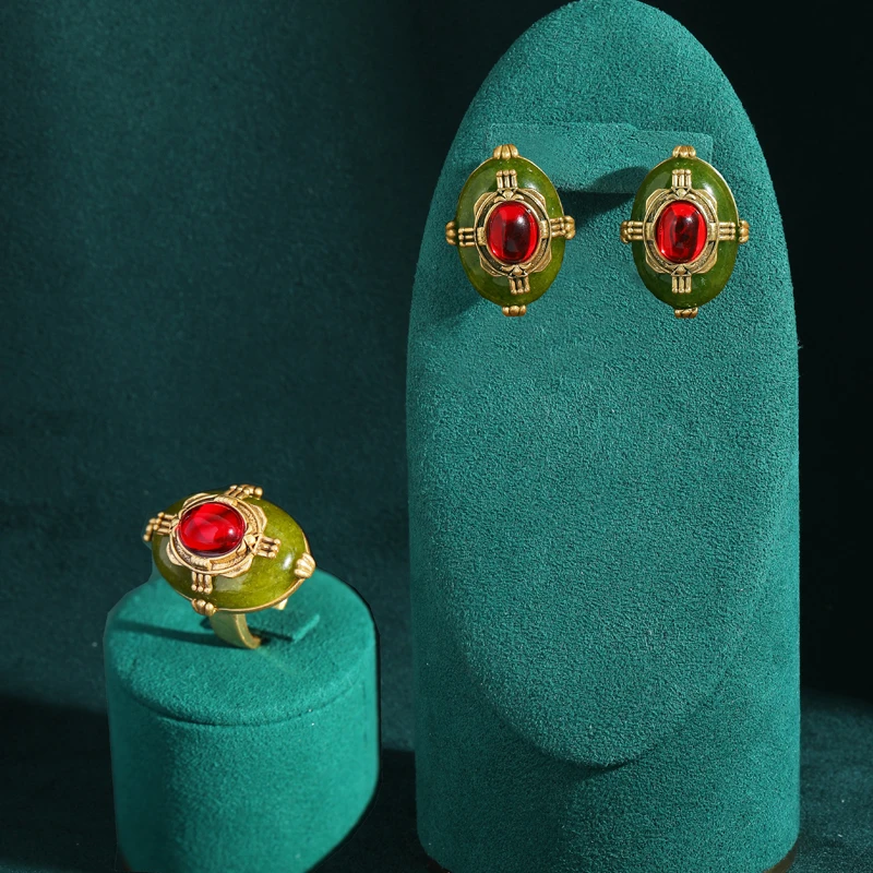 Oval Vintage Natural Stone Green Jewelry Sets Woman Red Glass Stud Earrings Ring Mother Birthday Quality Accessories Gold Color
Oval Vintage Natural Stone Green Jewelry Sets Woman Red Glass Stud Earrings Ring Mother Birthday Quality Accessories Gold Color
