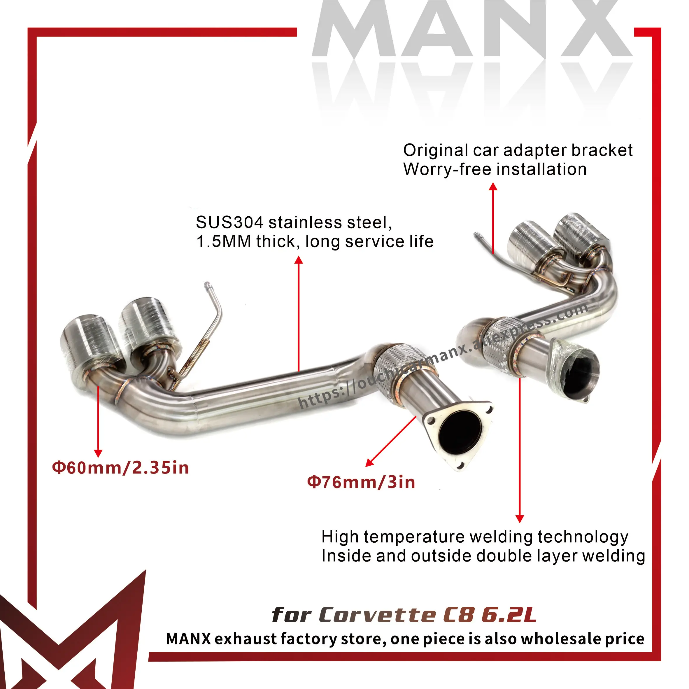 MANX Exhaust Catback for Corvette C8 6.2L SS304 TIG manual welding High quality Continuous surprises
MANX Exhaust Catback for Corvette C8 6.2L SS304 TIG manual welding High quality Continuous surprises
