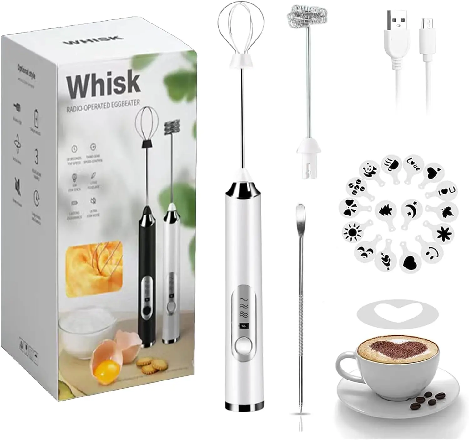 3-Speed Rechargeable Milk Frother - Handheld Electric Coffee Mixer with 2 Whisks & Stencils for Latte, Cappuccino
3-Speed Rechargeable Milk Frother - Handheld Electric Coffee Mixer with 2 Whisks & Stencils for Latte, Cappuccino