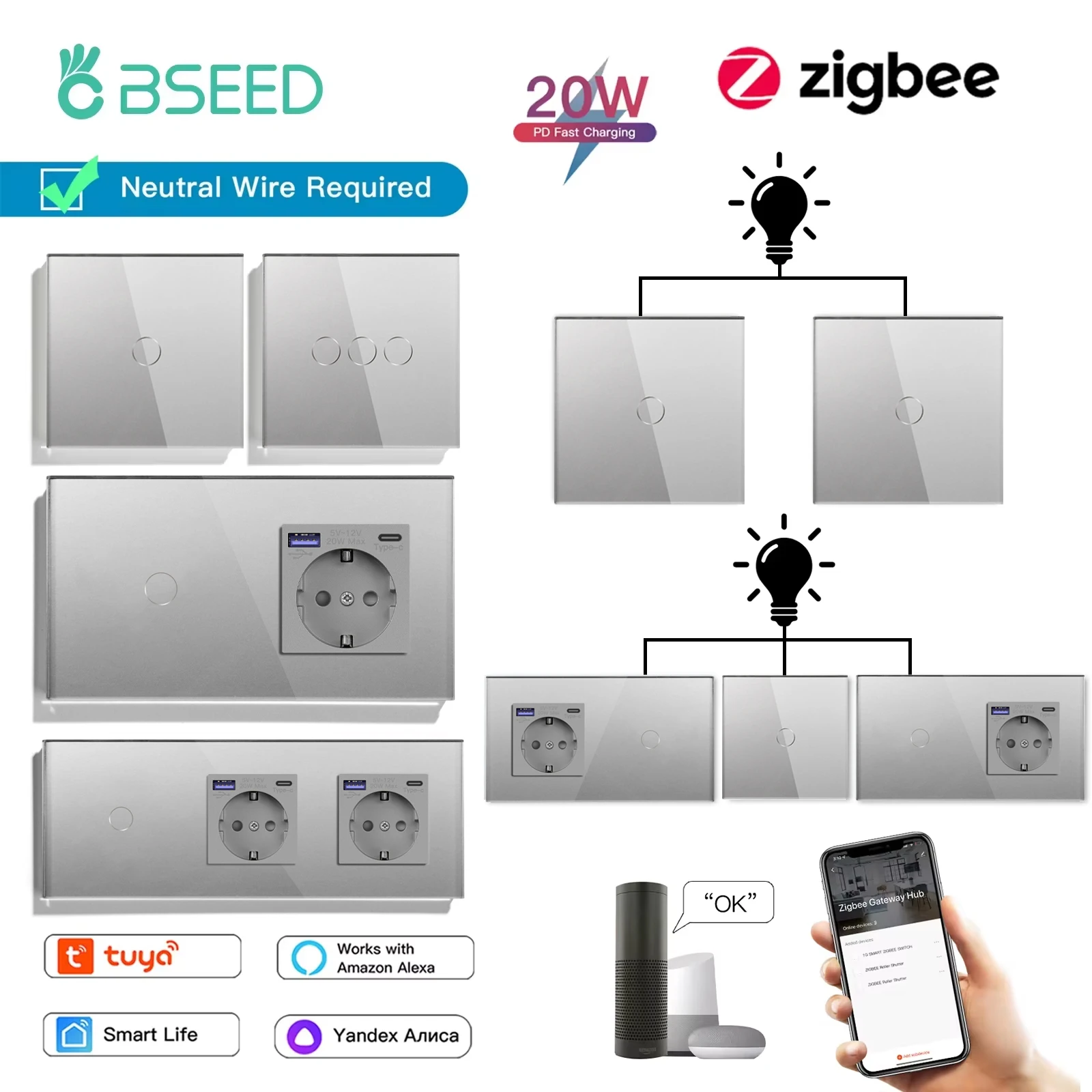 BSEED 1/2/3Gang Zigbee Wall Touch Switches 1/2/3Way Tuya Smart Life App Control With 20W Type-c USB EU Sockets Fast Charging
BSEED 1/2/3Gang Zigbee Wall Touch Switches 1/2/3Way Tuya Smart Life App Control With 20W Type-c USB EU Sockets Fast Charging