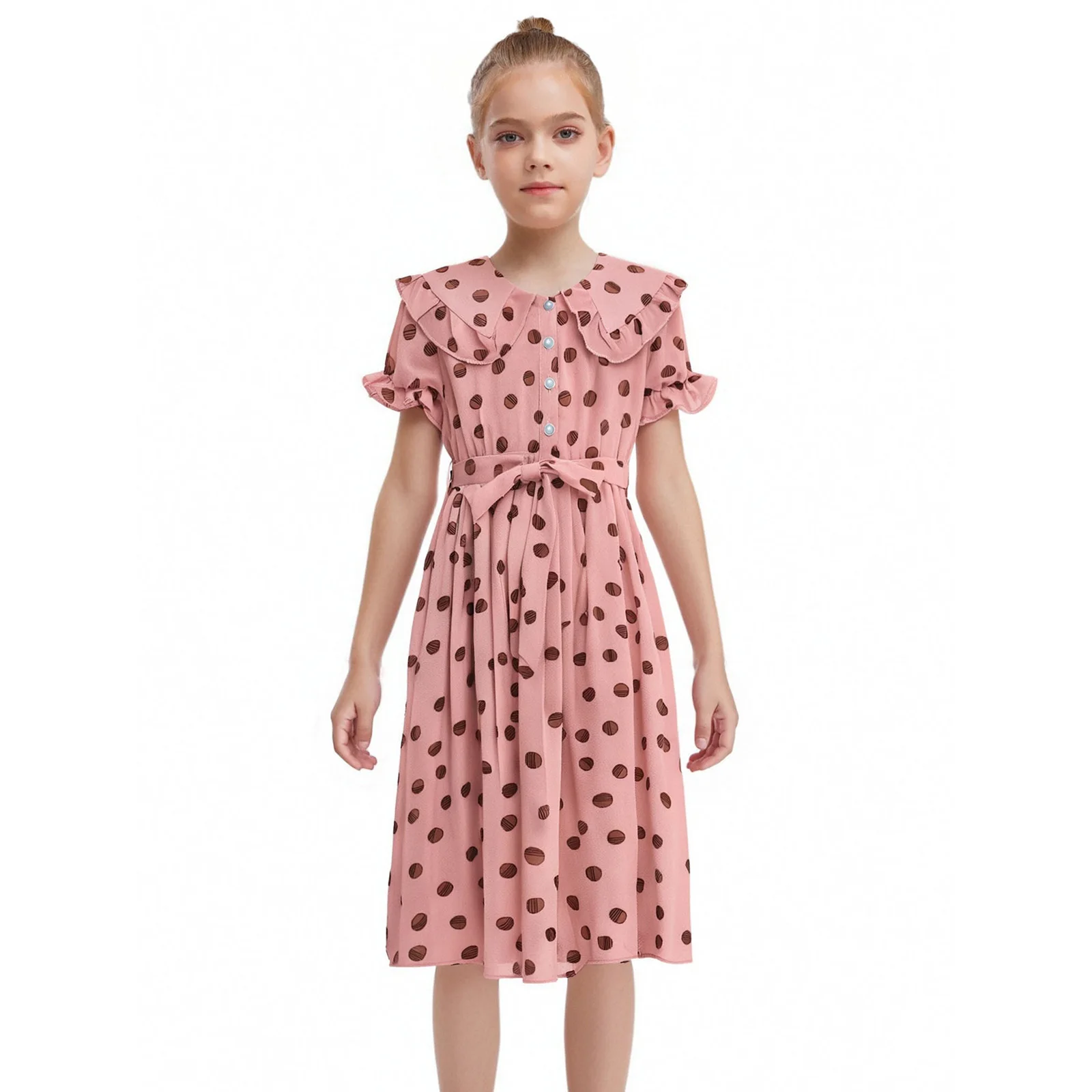 Kids Girls Dress Cute Collar Dots Short Puff Sleeves Button Chiffon Dresses with Belt for Wedding Birthday Party Princess Dress 
Kids Girls Dress Cute Collar Dots Short Puff Sleeves Button Chiffon Dresses with Belt for Wedding Birthday Party Princess Dress