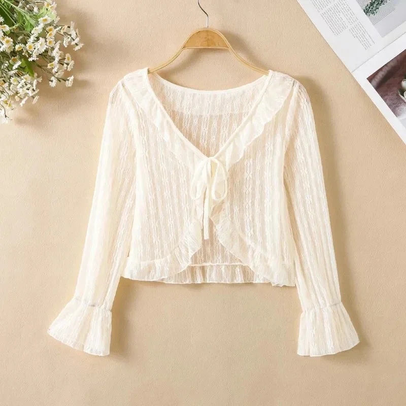 Summer Lace Cardigan Shawl Women Short Jacket Long-Sleeve Lace-up Bowknot Gauze Thin Top Overclothes Ruffled Sun-proof Outerwear
Summer Lace Cardigan Shawl Women Short Jacket Long-Sleeve Lace-up Bowknot Gauze Thin Top Overclothes Ruffled Sun-proof Outerwear