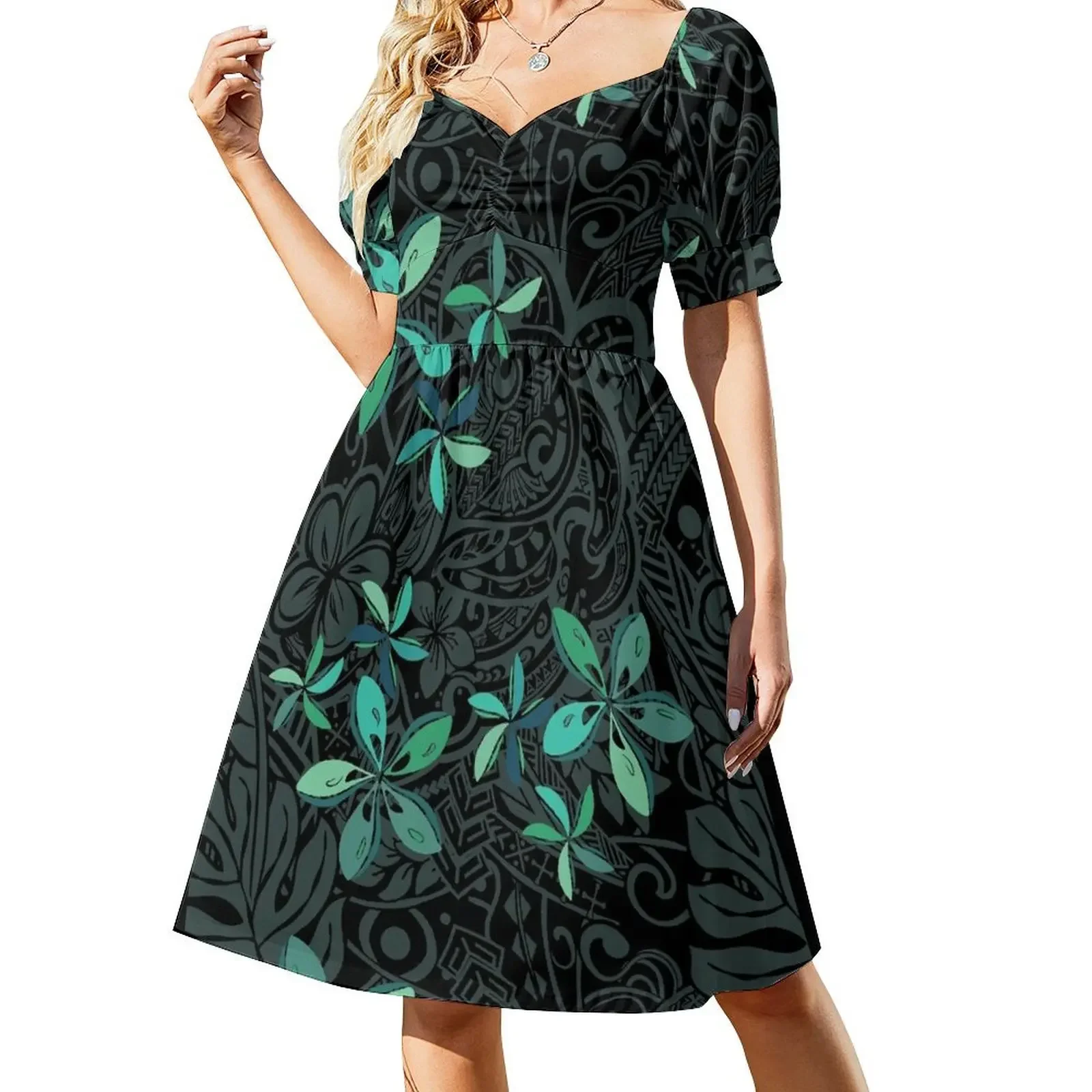 Polynesian Slate Tribal Tiare Jungle Print Short-Sleeved Dress Woman's evening dress women's luxury party dress
Polynesian Slate Tribal Tiare Jungle Print Short-Sleeved Dress Woman's evening dress women's luxury party dress
