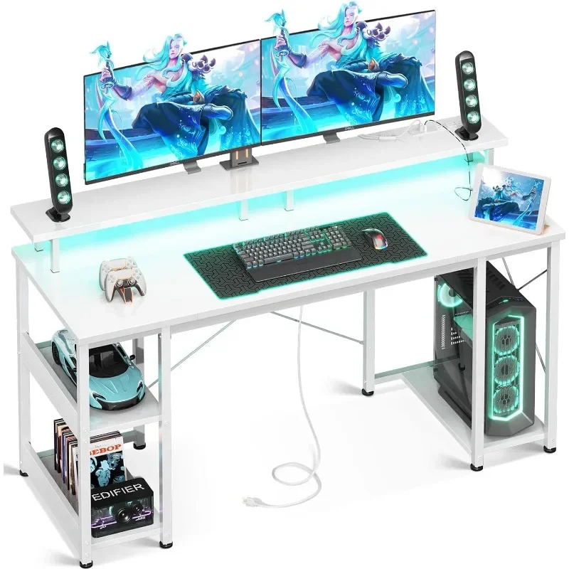 Modern 55 Inch Gaming Desk With LED Lights &Power Outlets,Computer Desk With Monitor Stand & Storage Sheves,CPU Stand