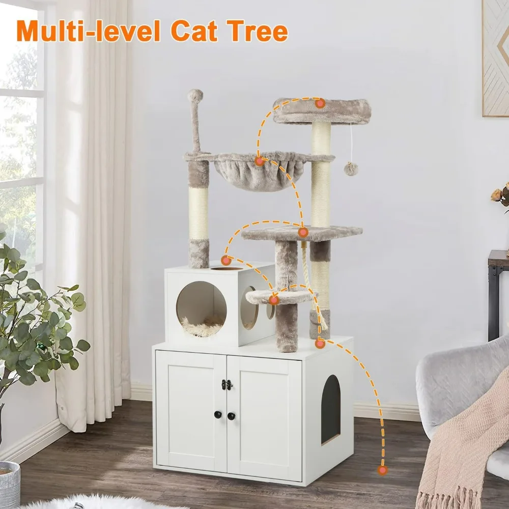 Cat Tree with Litter Box Enclosure, 2-in-1 Cat Tower for Indoor Cats, Condo with , Scratching Posts, Pompoms, White
Cat Tree with Litter Box Enclosure, 2-in-1 Cat Tower for Indoor Cats, Condo with , Scratching Posts, Pompoms, White