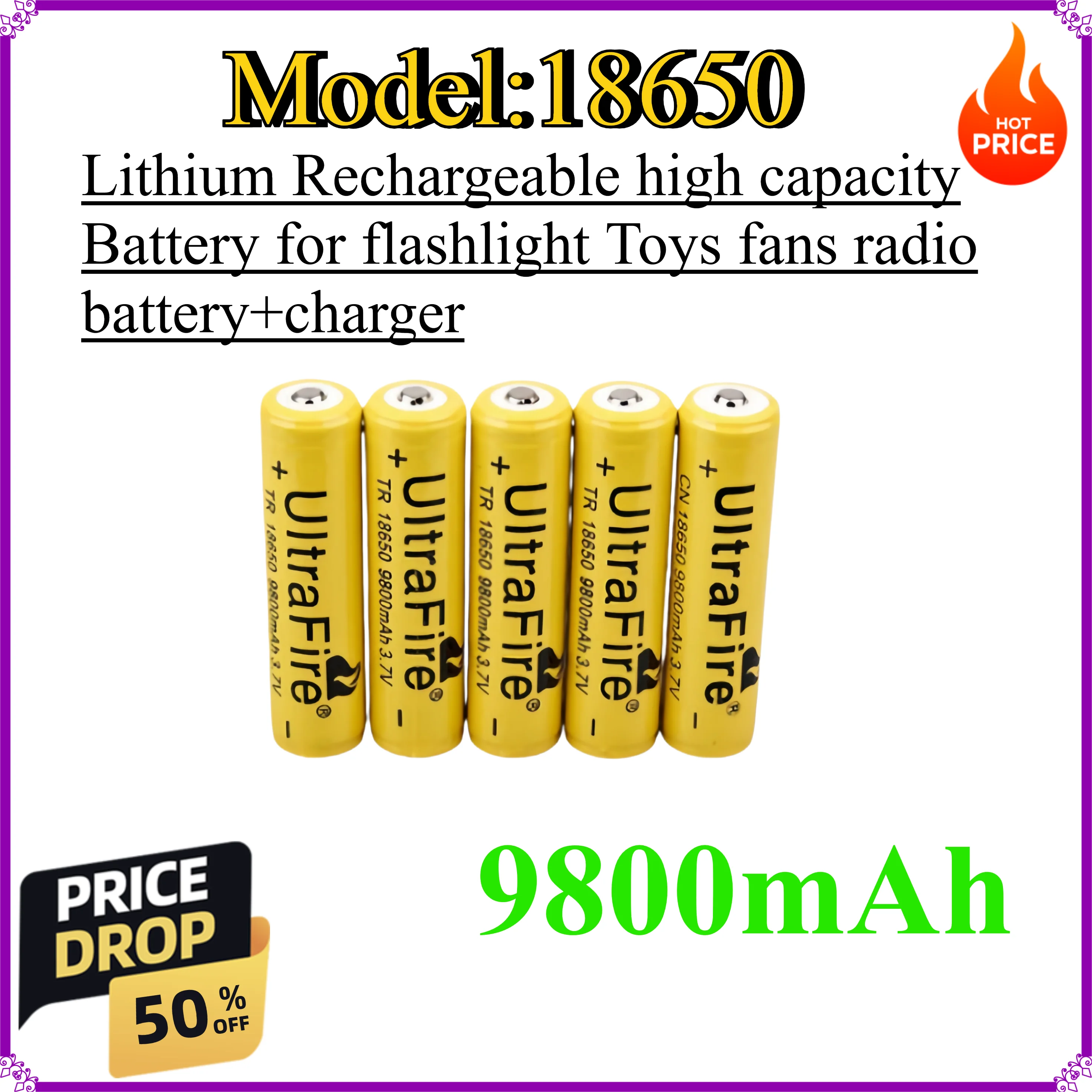 18650 9800mAh Lithium Rechargeable high capacity Battery for flashlight Toys fans radio battery+charger
18650 9800mAh Lithium Rechargeable high capacity Battery for flashlight Toys fans radio battery+charger