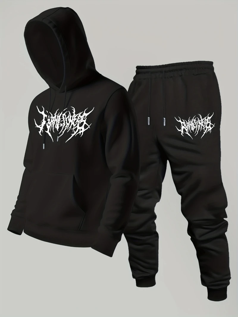 Men'S Y2K Hoodie & Sweatpants Set - Bold Gothic Lettering Print, Thin Long Sleeve Pullover with Pockets, Regular Fit Casual
Men'S Y2K Hoodie & Sweatpants Set - Bold Gothic Lettering Print, Thin Long Sleeve Pullover with Pockets, Regular Fit Casual