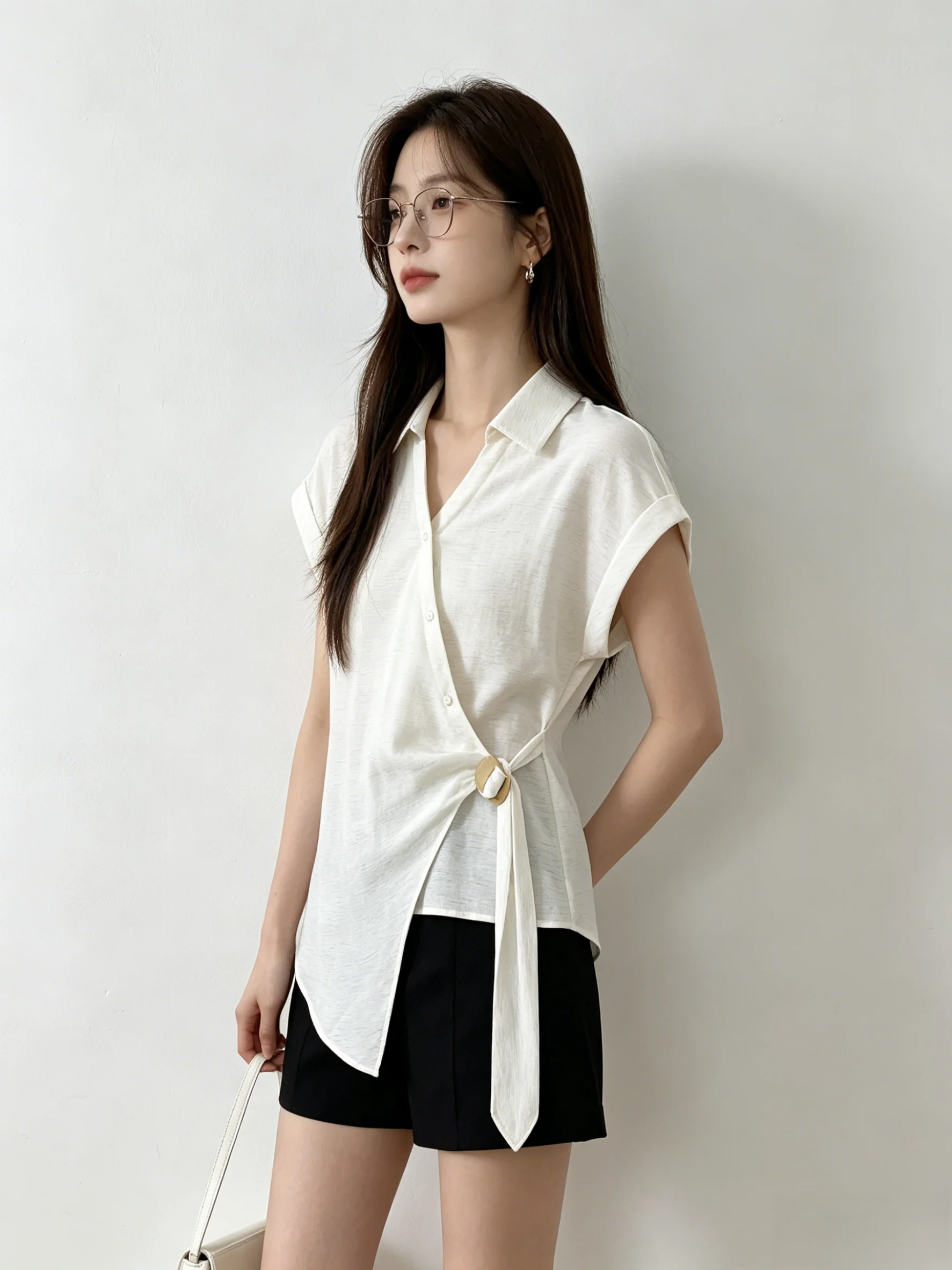 Korean Style V-Neck Belted Shirt Summer Slimming Top Asymmetrical Design Commute Fashion Women's Loose Fit Short Sleeve Shirt
Korean Style V-Neck Belted Shirt Summer Slimming Top Asymmetrical Design Commute Fashion Women's Loose Fit Short Sleeve Shirt