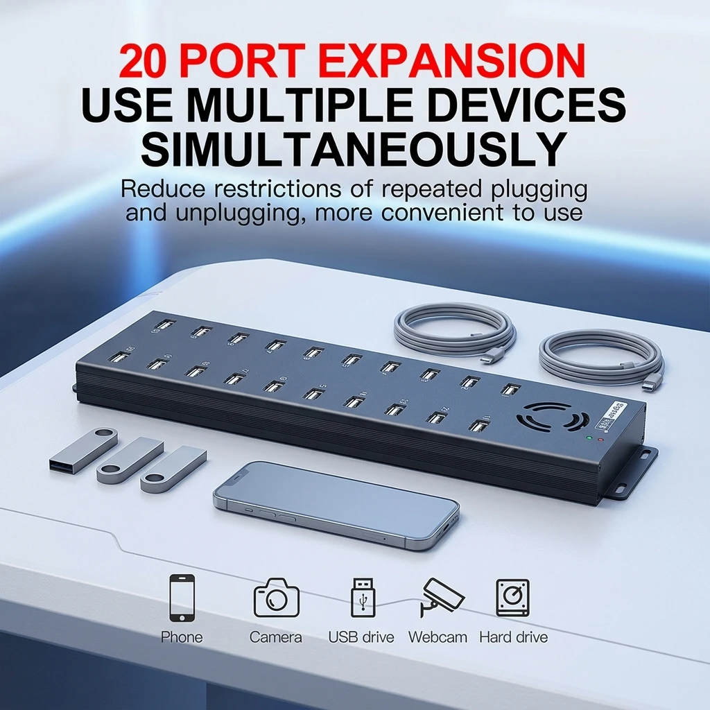 20 Port USB 2.0 Sync Charging Hub 120W Desktop Bulk Phone Charger Station Docking Station for Tablets Phones
20 Port USB 2.0 Sync Charging Hub 120W Desktop Bulk Phone Charger Station Docking Station for Tablets Phones