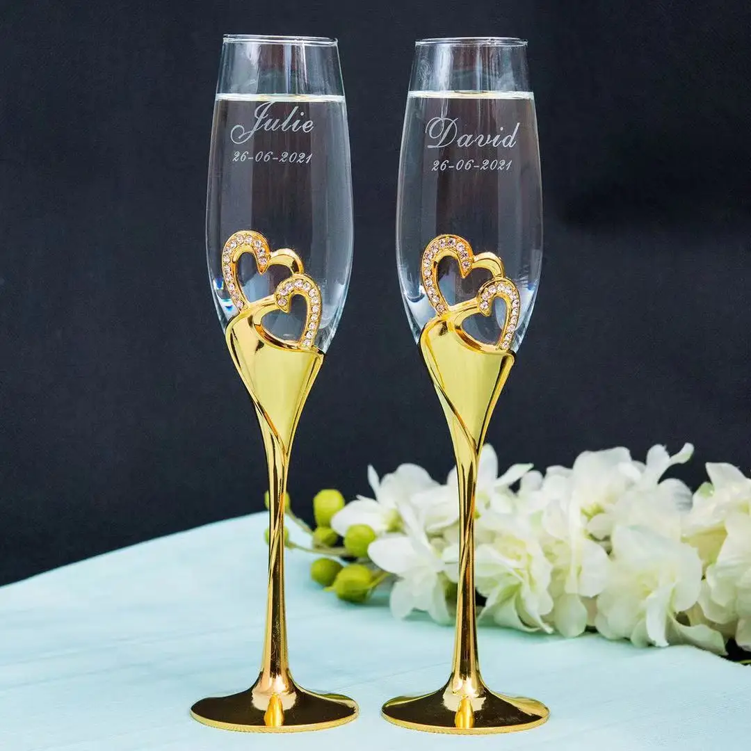 Personalized Gold Double Heart Champagne Glass with Diamond Etched Bride, Groom, and Wedding Date Champagne Wine--(set of 2)
Personalized Gold Double Heart Champagne Glass with Diamond Etched Bride, Groom, and Wedding Date Champagne Wine--(set of 2)