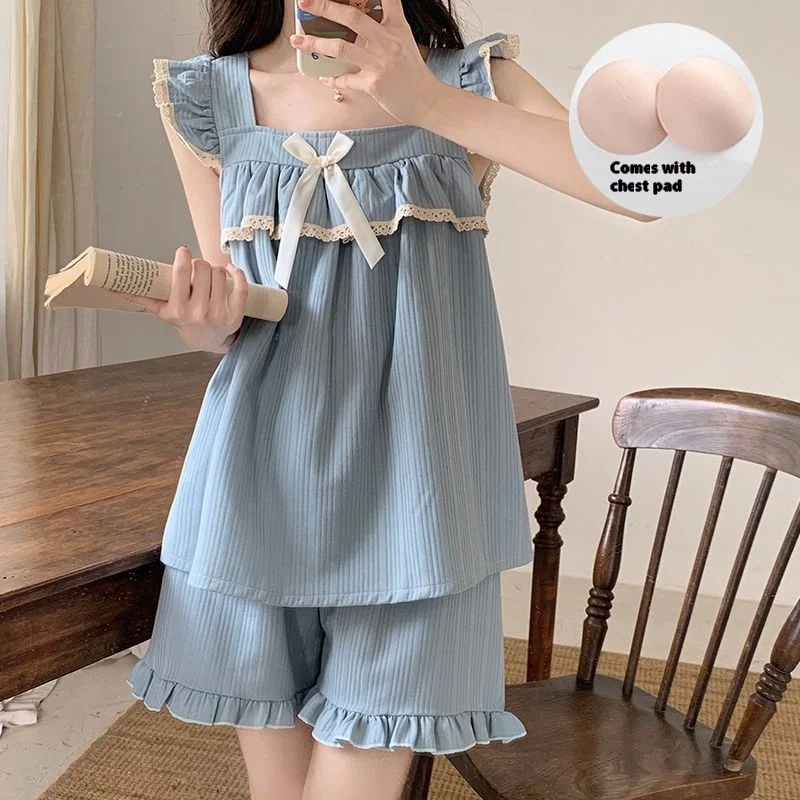 Women's Pajamas New Summer with Cushion Pyjamas Girls Summer Fly Sleeve Sling Sweet Cute Net Red Homewear Suit Summer Clothing
Women's Pajamas New Summer with Cushion Pyjamas Girls Summer Fly Sleeve Sling Sweet Cute Net Red Homewear Suit Summer Clothing