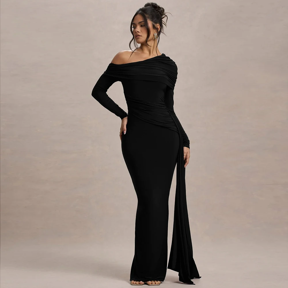 Customized Plested Evening Dresses Black Ruched Asymmetric Maxi Dress with Drape Modern Long Elegant Formal Party Gown for Women
Customized Plested Evening Dresses Black Ruched Asymmetric Maxi Dress with Drape Modern Long Elegant Formal Party Gown for Women