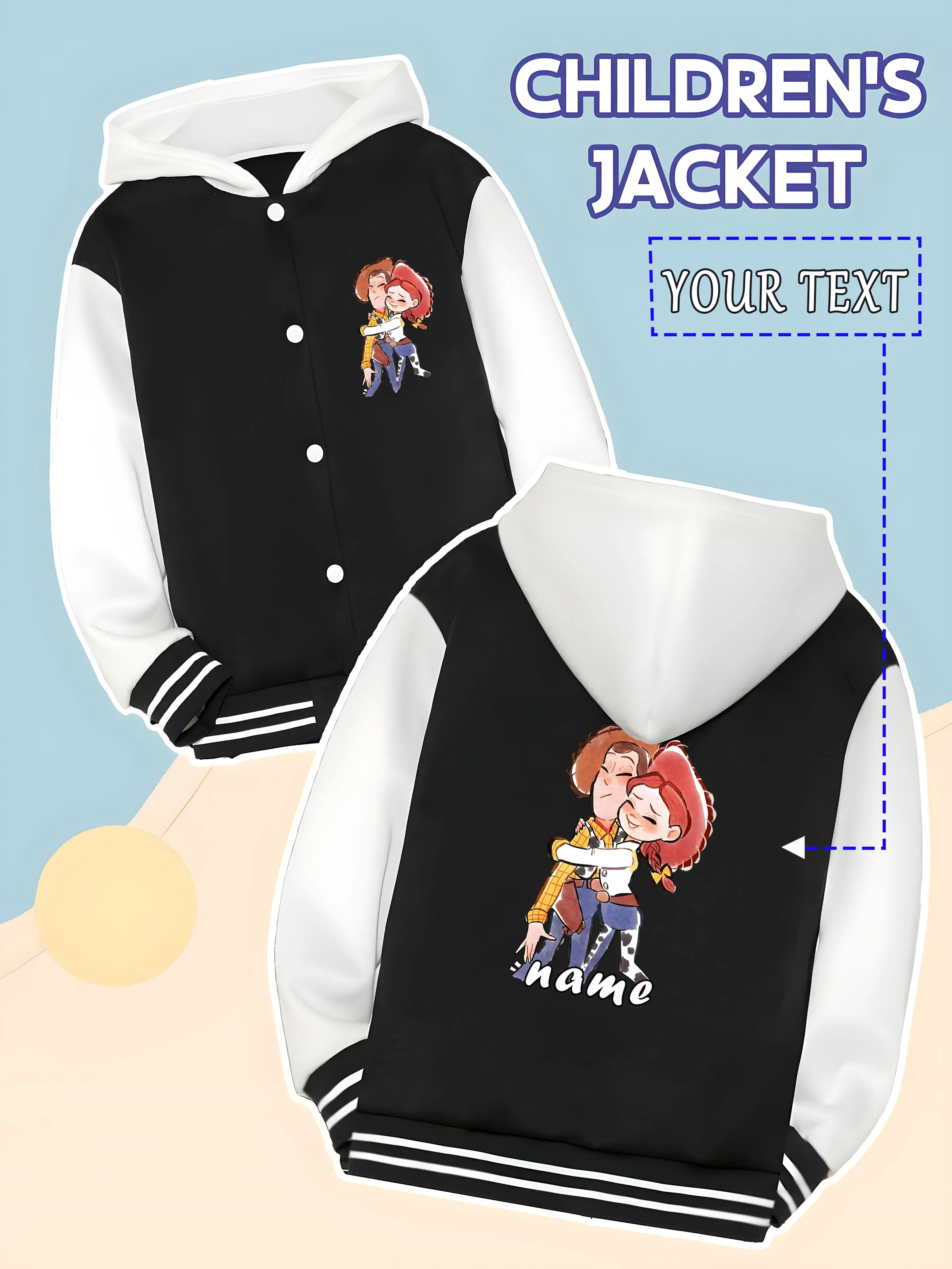 MINISO Disney Toy Story Woody and Jessie baseball jacket for kids - Woody and Jessie's sweet interaction, romantic and cute, sui
MINISO Disney Toy Story Woody and Jessie baseball jacket for kids - Woody and Jessie's sweet interaction, romantic and cute, sui