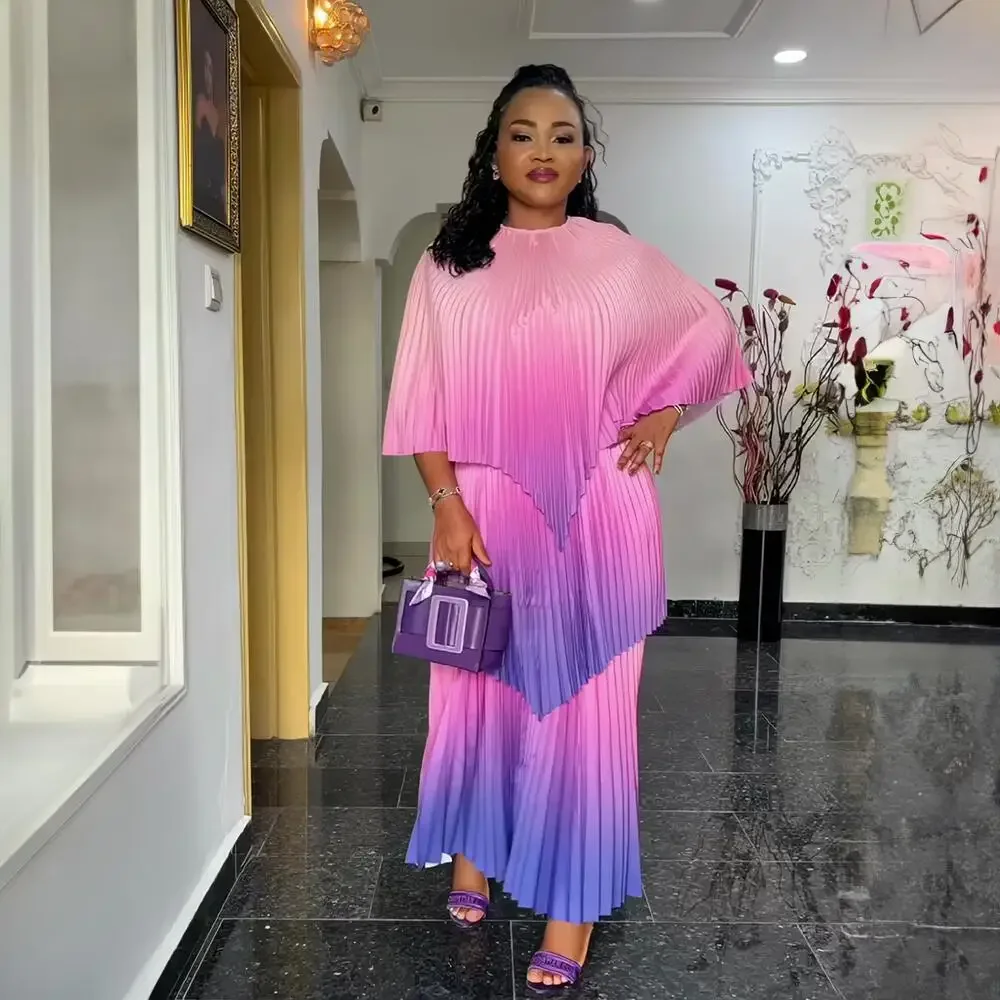 Fashion African Pleated Bat Sleeve Women Gradient Color 3 Piece Set Inner Vest Top Elastic Waist Long Skirt Set Femme Vestidos
Fashion African Pleated Bat Sleeve Women Gradient Color 3 Piece Set Inner Vest Top Elastic Waist Long Skirt Set Femme Vestidos