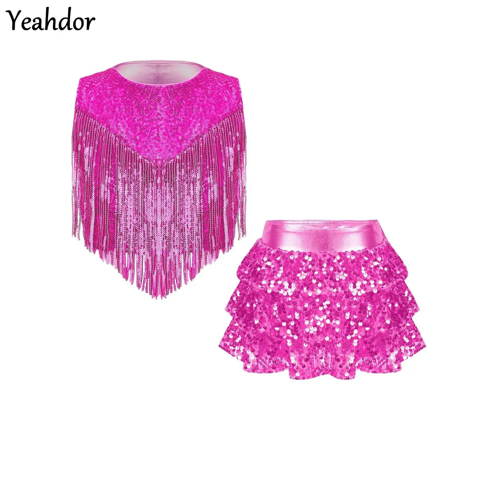 Girls 70S Disco Costume Jazz Dance Outfit Metallic Sequin Tassels Crop Top with Tiered Skirted Shorts Culottes Cheerleading Sets
Girls 70S Disco Costume Jazz Dance Outfit Metallic Sequin Tassels Crop Top with Tiered Skirted Shorts Culottes Cheerleading Sets