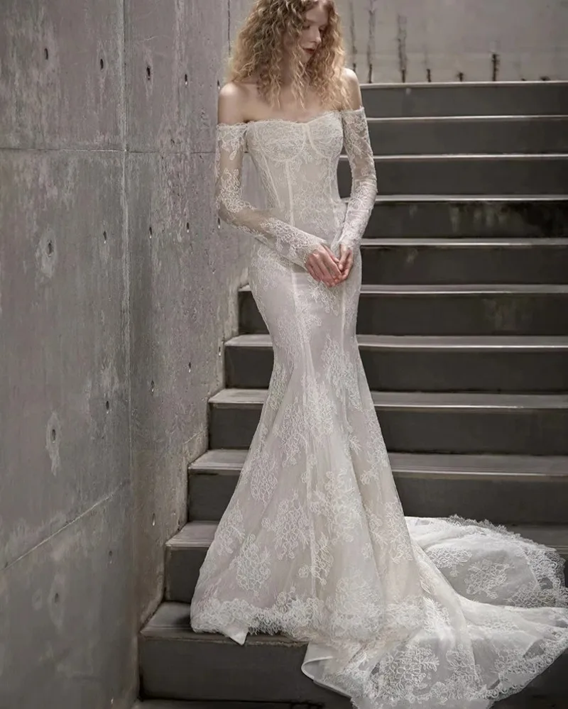 2025 Sexy Mermaid Wedding Dress Off The Shoulder Long Sleeves V Back Lace Bride Bridal Gown Vestidos De Noiva Customized
2025 Sexy Mermaid Wedding Dress Off The Shoulder Long Sleeves V Back Lace Bride Bridal Gown Vestidos De Noiva Customized