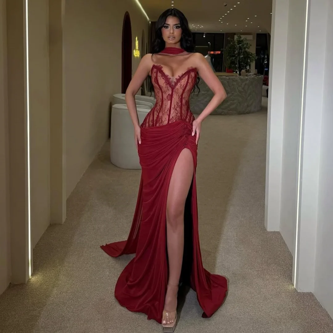 Burgundy Evening Dresses Illusion Lace Corset Pleat Prom Dress Side Split Luxury Party Gown Gala Vestidos Customized
Burgundy Evening Dresses Illusion Lace Corset Pleat Prom Dress Side Split Luxury Party Gown Gala Vestidos Customized