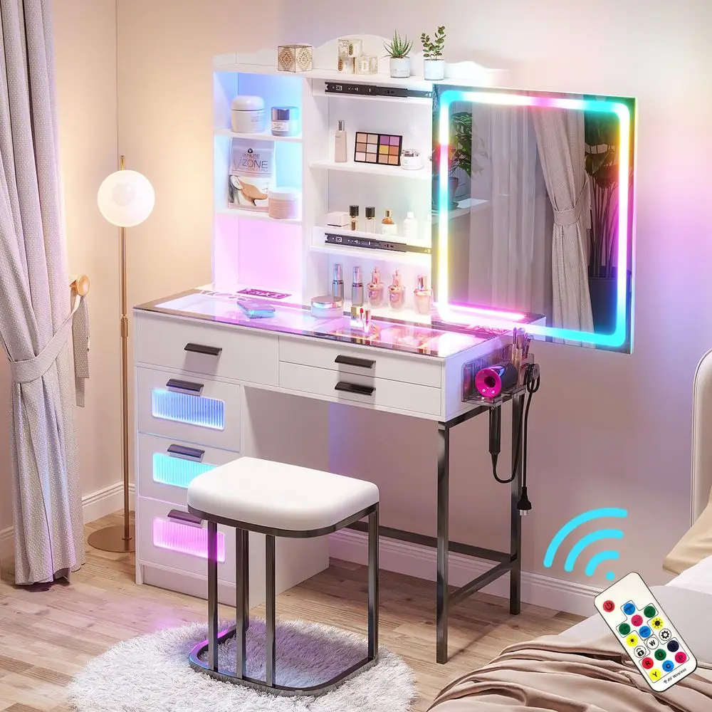 Vanity Desk with Sliding Mirror and Glass Desktop, LED Vanitys Mirror with RGB Lights Desk and Chair, Dressers Table Set with C
Vanity Desk with Sliding Mirror and Glass Desktop, LED Vanitys Mirror with RGB Lights Desk and Chair, Dressers Table Set with C