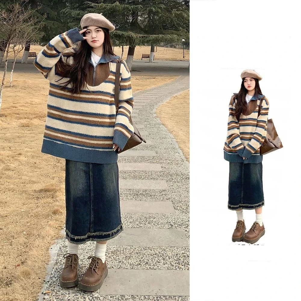Women Casual Loose Stripe Sweater Pullover Denim Skirts Two Piece Suits Spring Autumn Lady Long Sleeve Knit Tops Jeans Outfits
Women Casual Loose Stripe Sweater Pullover Denim Skirts Two Piece Suits Spring Autumn Lady Long Sleeve Knit Tops Jeans Outfits