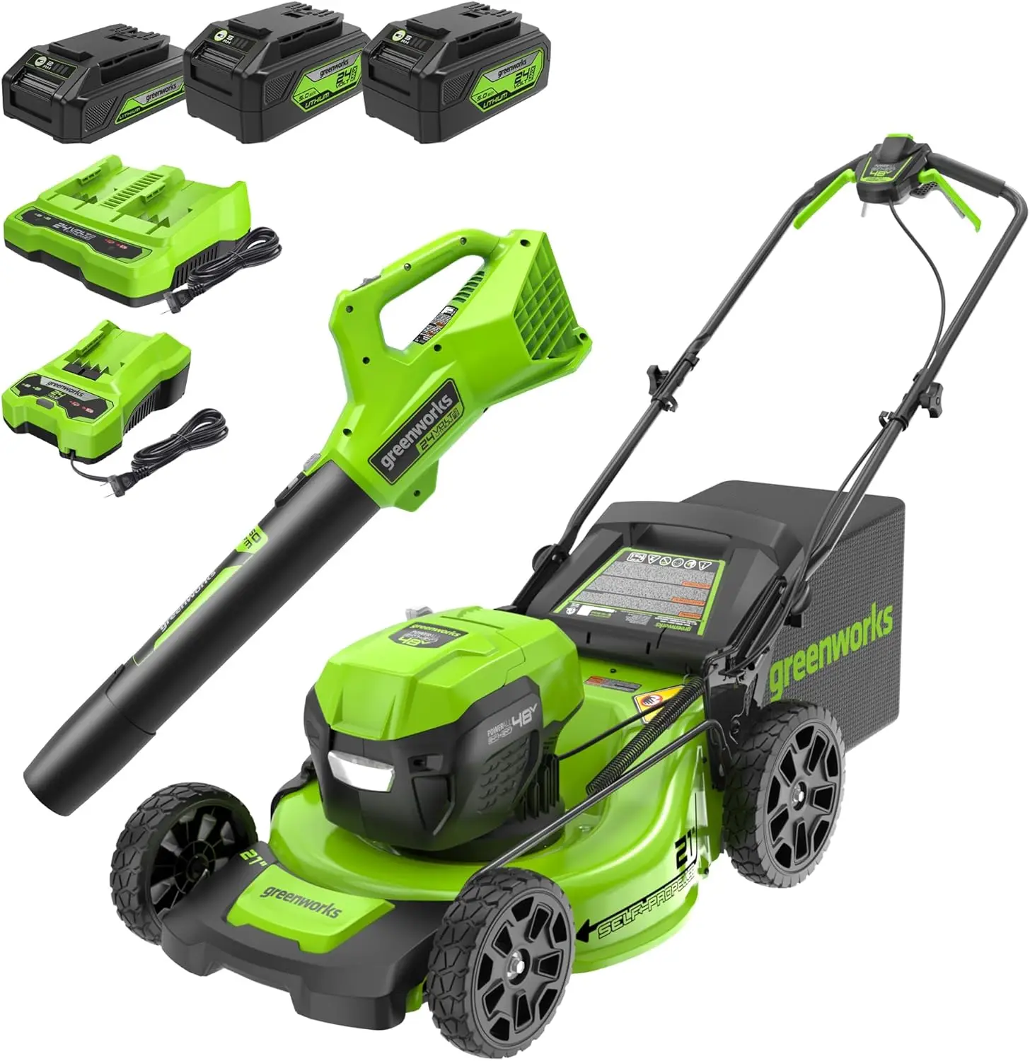 48V (24V x 2) 21" Cordless Battery Self-Propelled Mower & 320 CFM Blower Combo Kit w/ (2) 5.0Ah USB Batteries, (1) 2.0Ah Batter
48V (24V x 2) 21" Cordless Battery Self-Propelled Mower & 320 CFM Blower Combo Kit w/ (2) 5.0Ah USB Batteries, (1) 2.0Ah Batter