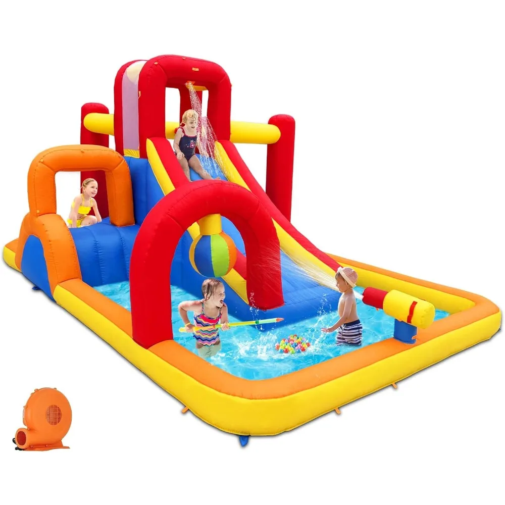 Inflatable Water Slide, 10 in 1 Water Park Bounce House with Blower, Splash Pool, 2 Slides, Water Cannon, Climbing Wall
Inflatable Water Slide, 10 in 1 Water Park Bounce House with Blower, Splash Pool, 2 Slides, Water Cannon, Climbing Wall