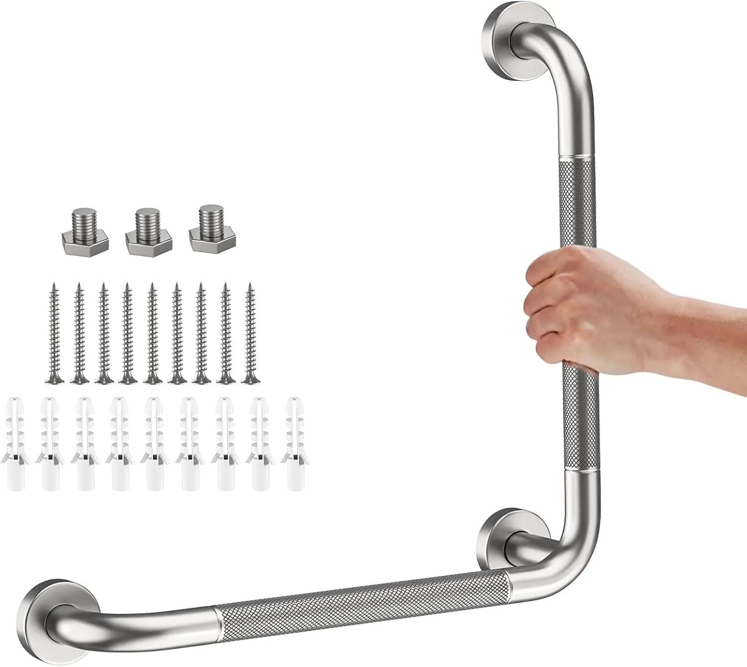 L-Shaped Grab Bar 16x16 Inch Knurled Stainless Steel Wall Mounted Safety Rail for Bathroom Shower Handicap Support
L-Shaped Grab Bar 16x16 Inch Knurled Stainless Steel Wall Mounted Safety Rail for Bathroom Shower Handicap Support