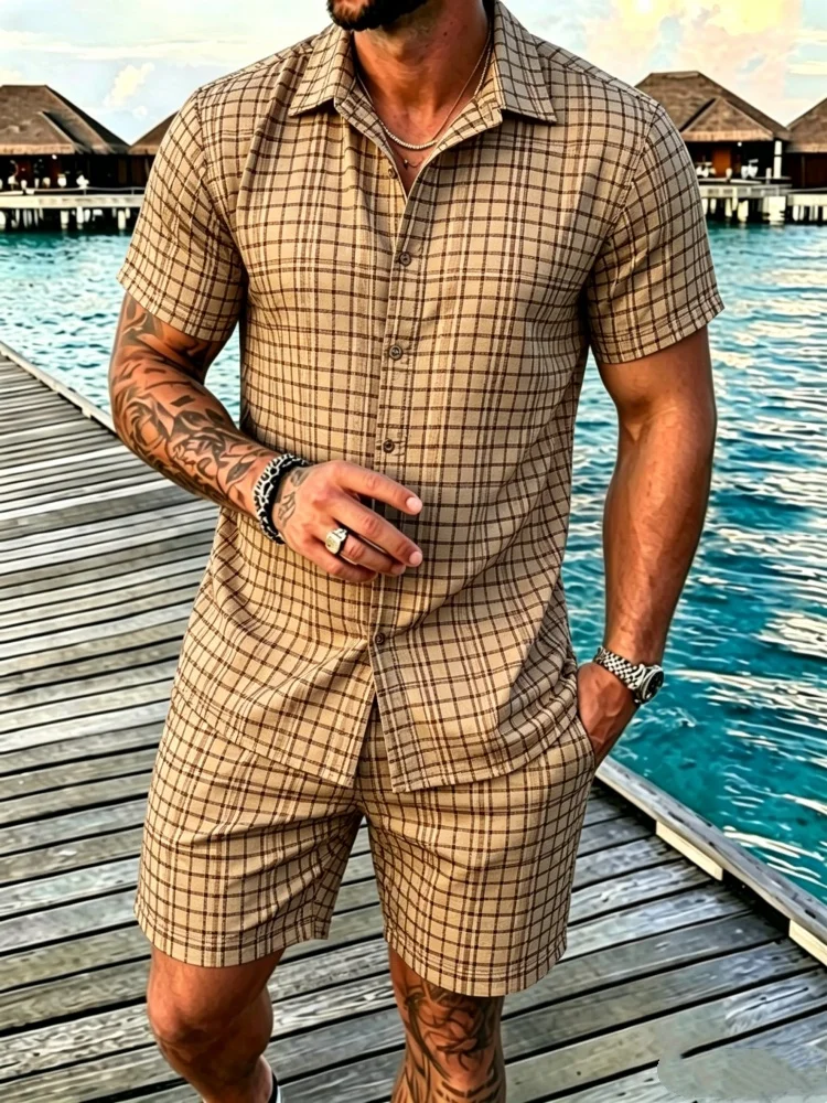 Men's Short Sleeve Lapel Shirt & Shorts Set, Loose Comfort Plaid Print Casual Summer Outfit
Men's Short Sleeve Lapel Shirt & Shorts Set, Loose Comfort Plaid Print Casual Summer Outfit