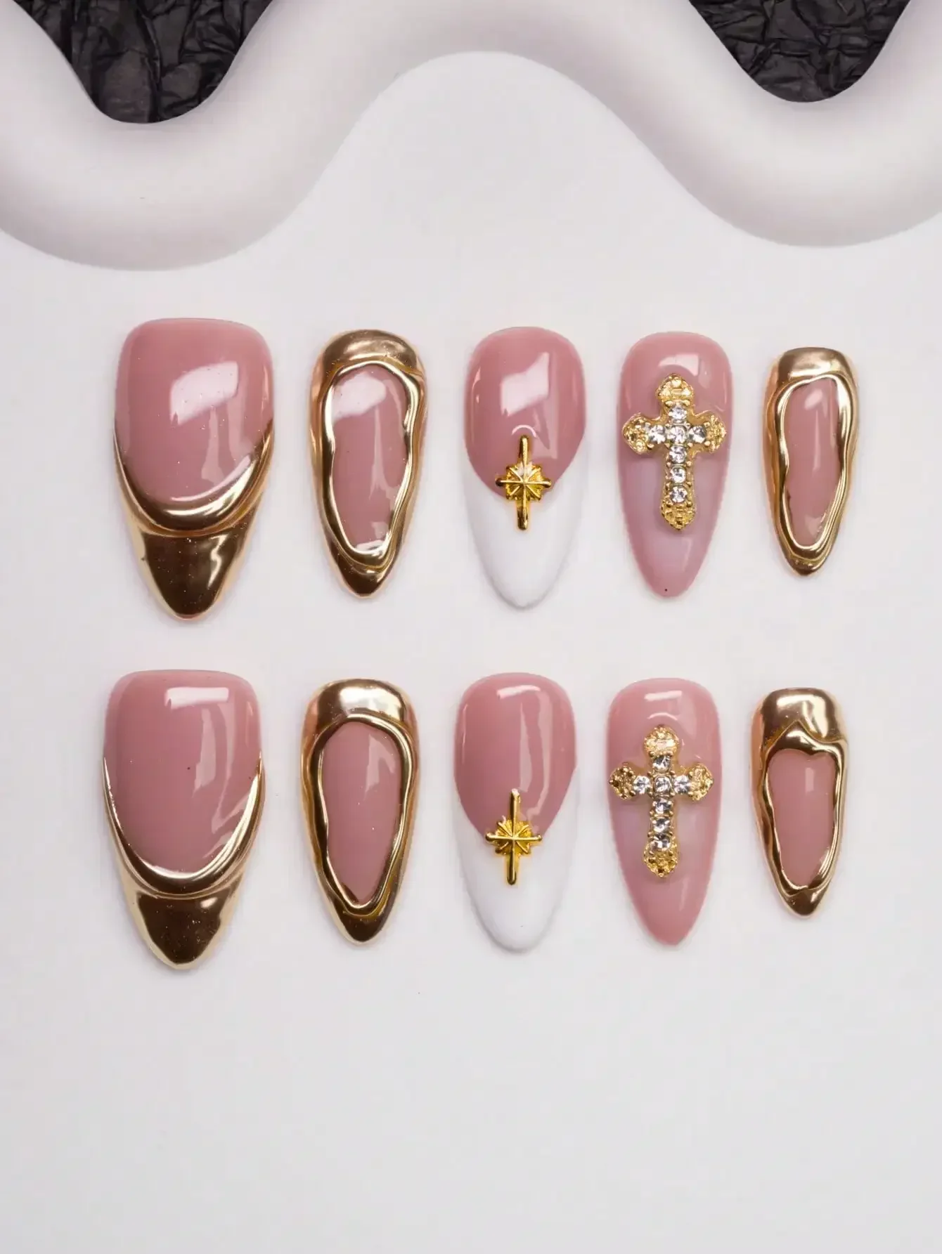 Spring/Summer Handmade Almond-Shaped Nail Tips With Y2K Chic Style, In Nude, White, Gold Colors Featuring Cross, Star, Asymmetri
Spring/Summer Handmade Almond-Shaped Nail Tips With Y2K Chic Style, In Nude, White, Gold Colors Featuring Cross, Star, Asymmetri
