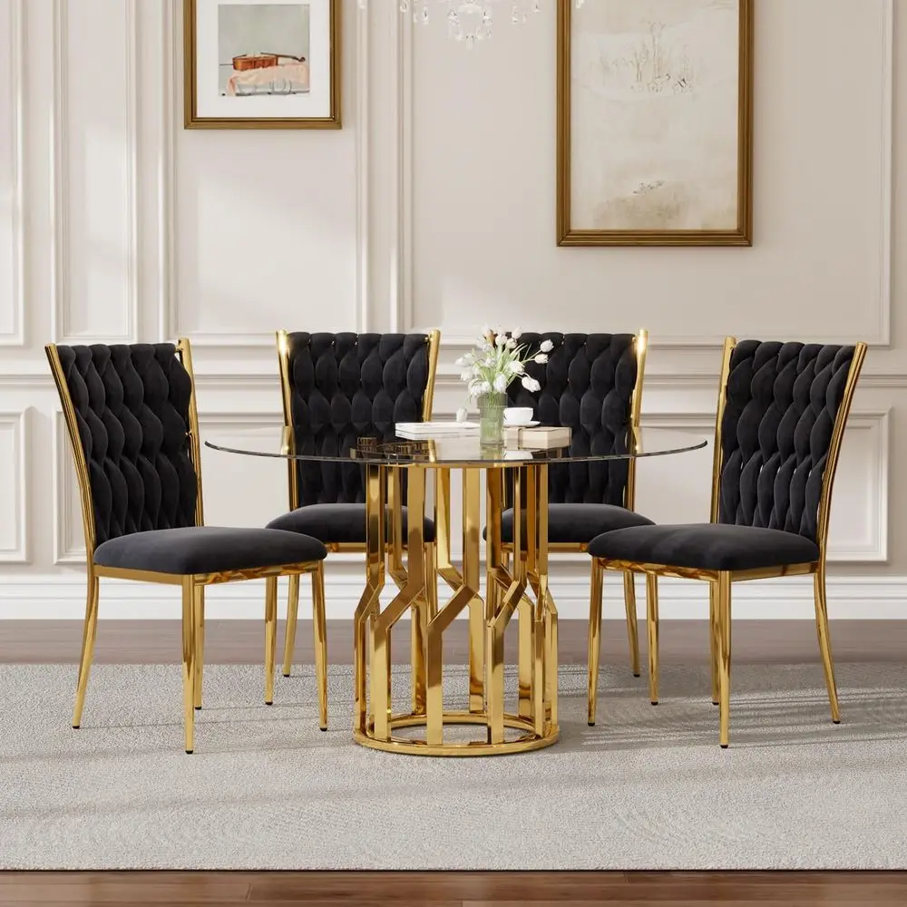 47.2 Round Glass Dining Table Set for 4 with Velvet Chairs and Stainless Steel Legs
47.2 Round Glass Dining Table Set for 4 with Velvet Chairs and Stainless Steel Legs