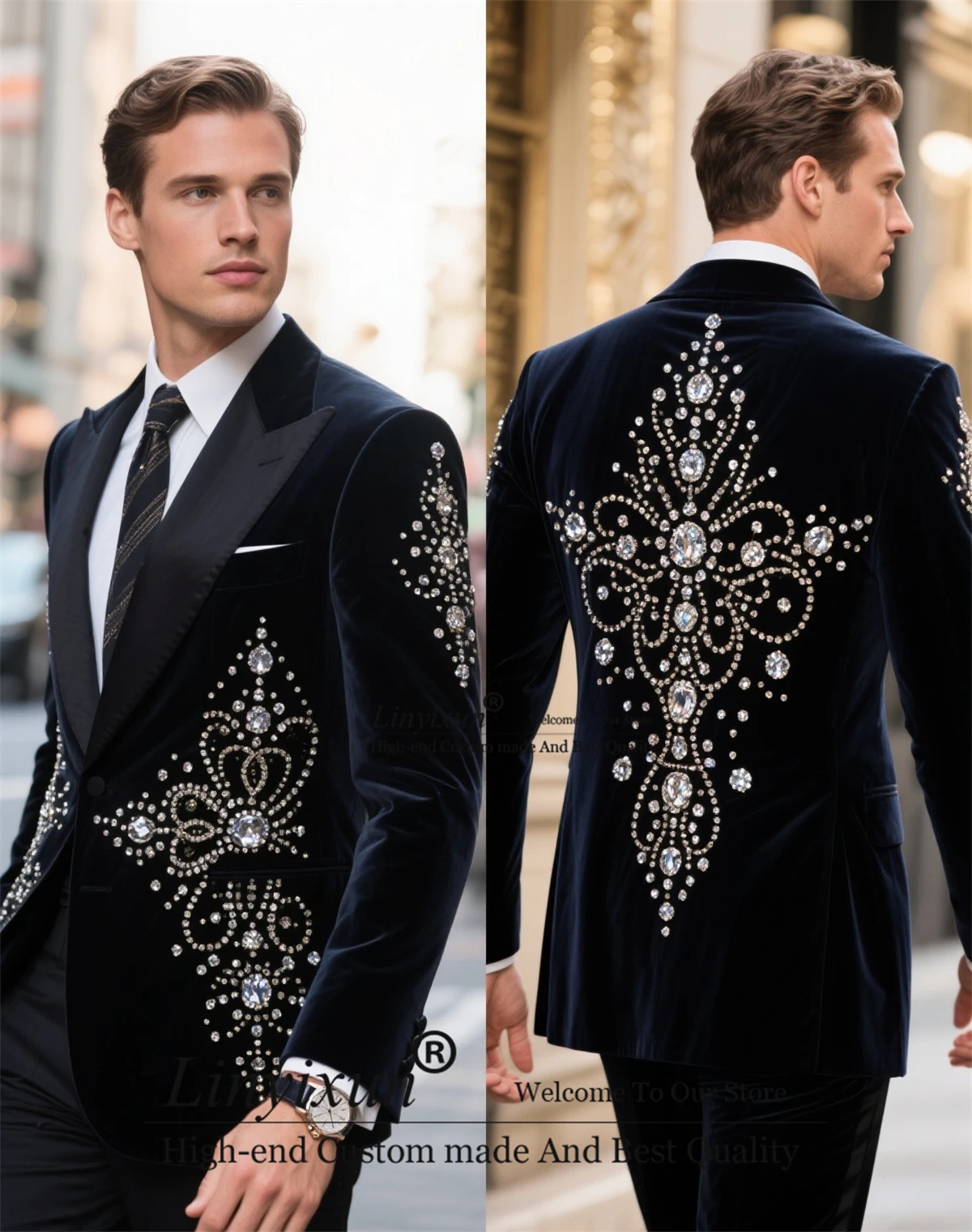 High End Diamond Crystal Men Suits 2 Piece Sets Party Prom Blazer Customized Slim Fit Costume Homme Fashion Velvet Groom Tuxedos
High End Diamond Crystal Men Suits 2 Piece Sets Party Prom Blazer Customized Slim Fit Costume Homme Fashion Velvet Groom Tuxedos