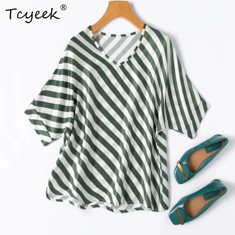 Tcyeek 100% Real Silk Shirts for Women 20MM Silk Women Clothing 2026 Summer Cool Striped Batwing Sleeves Loose Top Tops De Mujer
Tcyeek 100% Real Silk Shirts for Women 20MM Silk Women Clothing 2026 Summer Cool Striped Batwing Sleeves Loose Top Tops De Mujer