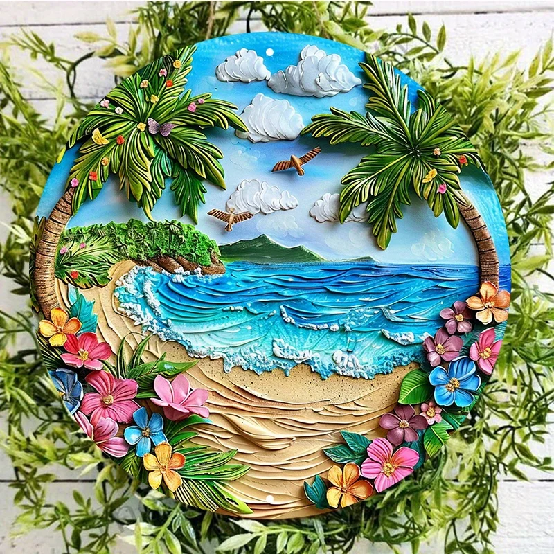 Aluminum Metal Beach Scene Wall Sign, Palm Trees and Flowers, Round Door Hanger, Wreath Decor, 8x8in
Aluminum Metal Beach Scene Wall Sign, Palm Trees and Flowers, Round Door Hanger, Wreath Decor, 8x8in