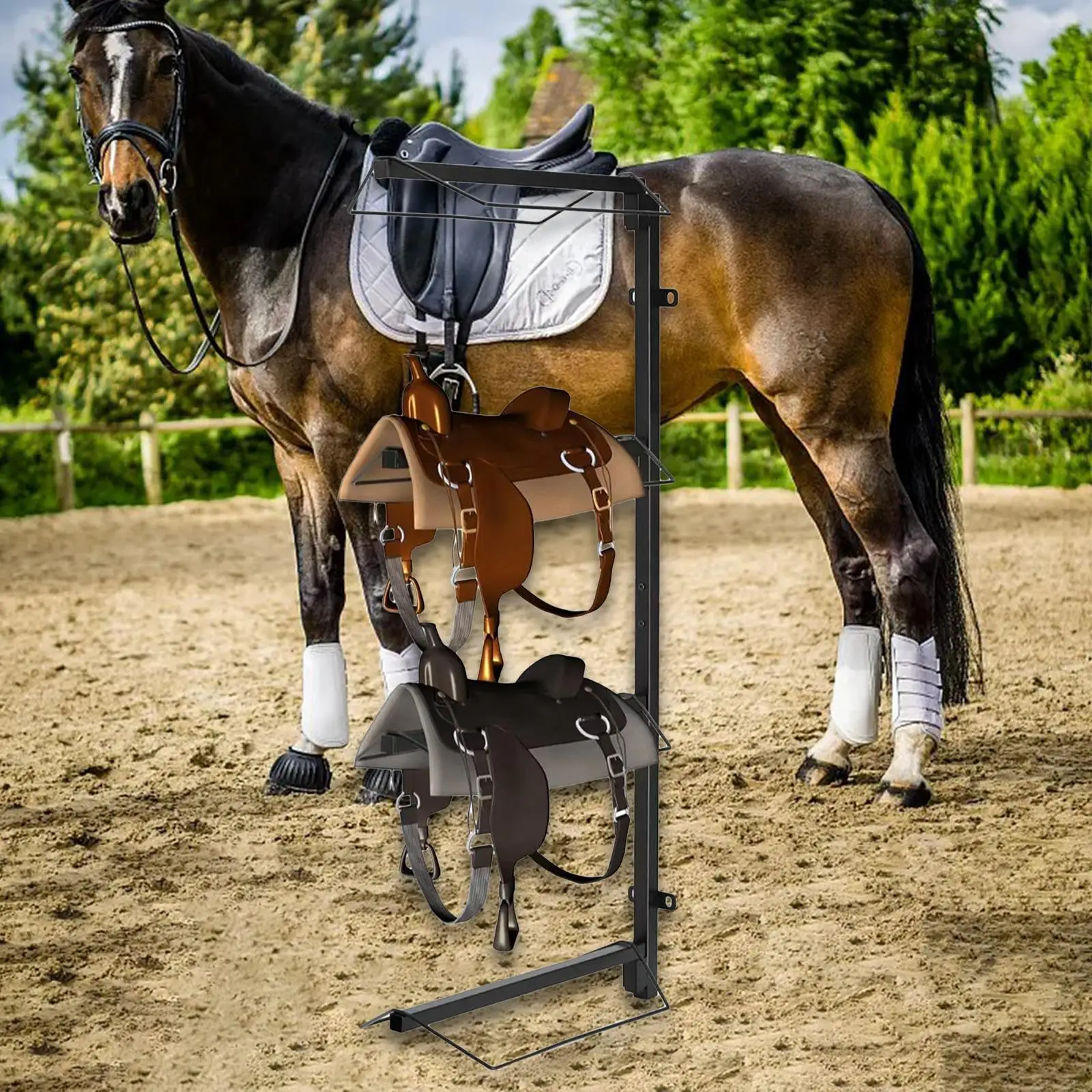 Adjustable Metal Saddle Rack Wall Mount with Four Tiers for Horse Saddle Storage Organizer in Barn
Adjustable Metal Saddle Rack Wall Mount with Four Tiers for Horse Saddle Storage Organizer in Barn