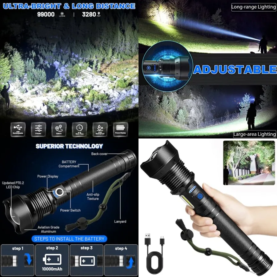 Flashlights High Lumens Rechargeable, 99, 000 Lumens Super Bright Led Flashlight, Flash Light with 7 Modes, IPX6 Waterproof, Ha
Flashlights High Lumens Rechargeable, 99, 000 Lumens Super Bright Led Flashlight, Flash Light with 7 Modes, IPX6 Waterproof, Ha