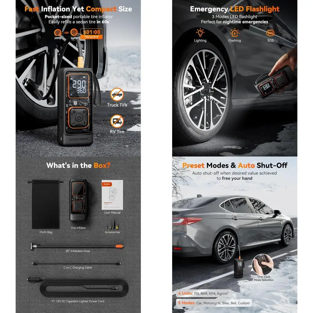 Portable 150PSI Cordless Tire Inflator with Digital Gauge, Auto-Off, and LED Light for Cars, Bikes, and Balls
Portable 150PSI Cordless Tire Inflator with Digital Gauge, Auto-Off, and LED Light for Cars, Bikes, and Balls