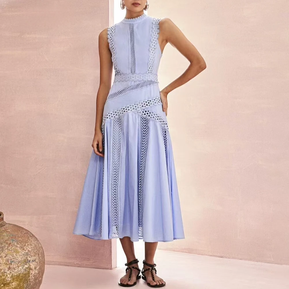 VGH Solid Embroidery Elegant Long Dresses For Women Stand Collar Sleeveless High Waist Hollow Out A Line Dress Female New 2024
VGH Solid Embroidery Elegant Long Dresses For Women Stand Collar Sleeveless High Waist Hollow Out A Line Dress Female New 2024