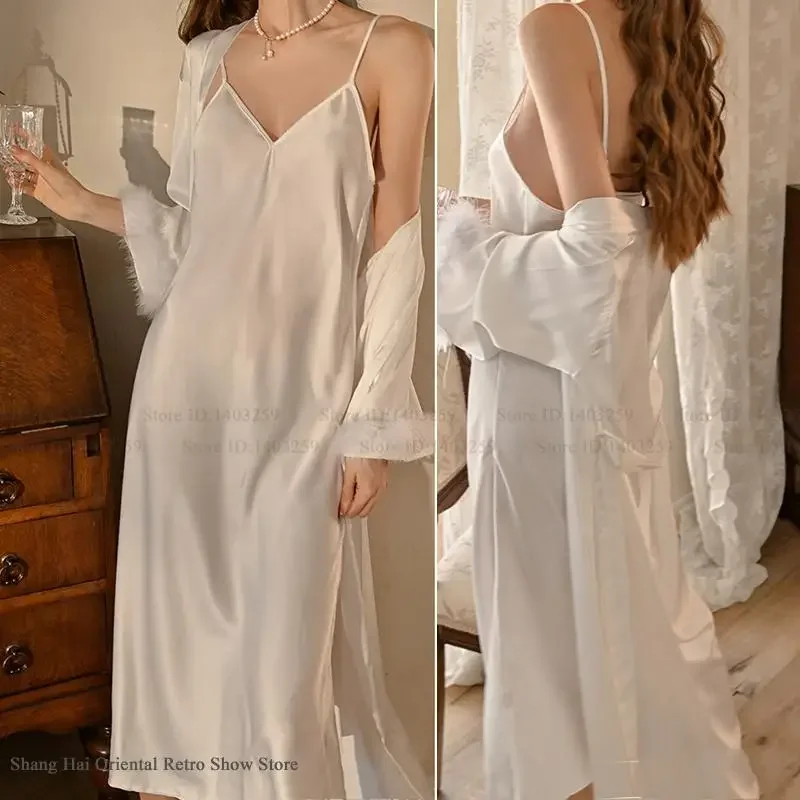 Sexy Bride Wedding Robe Nightgown Set Elegant Silky Satin Sleepwear Long Bathrobe Kimono Gown Summer New Nightwear Home Dress
Sexy Bride Wedding Robe Nightgown Set Elegant Silky Satin Sleepwear Long Bathrobe Kimono Gown Summer New Nightwear Home Dress