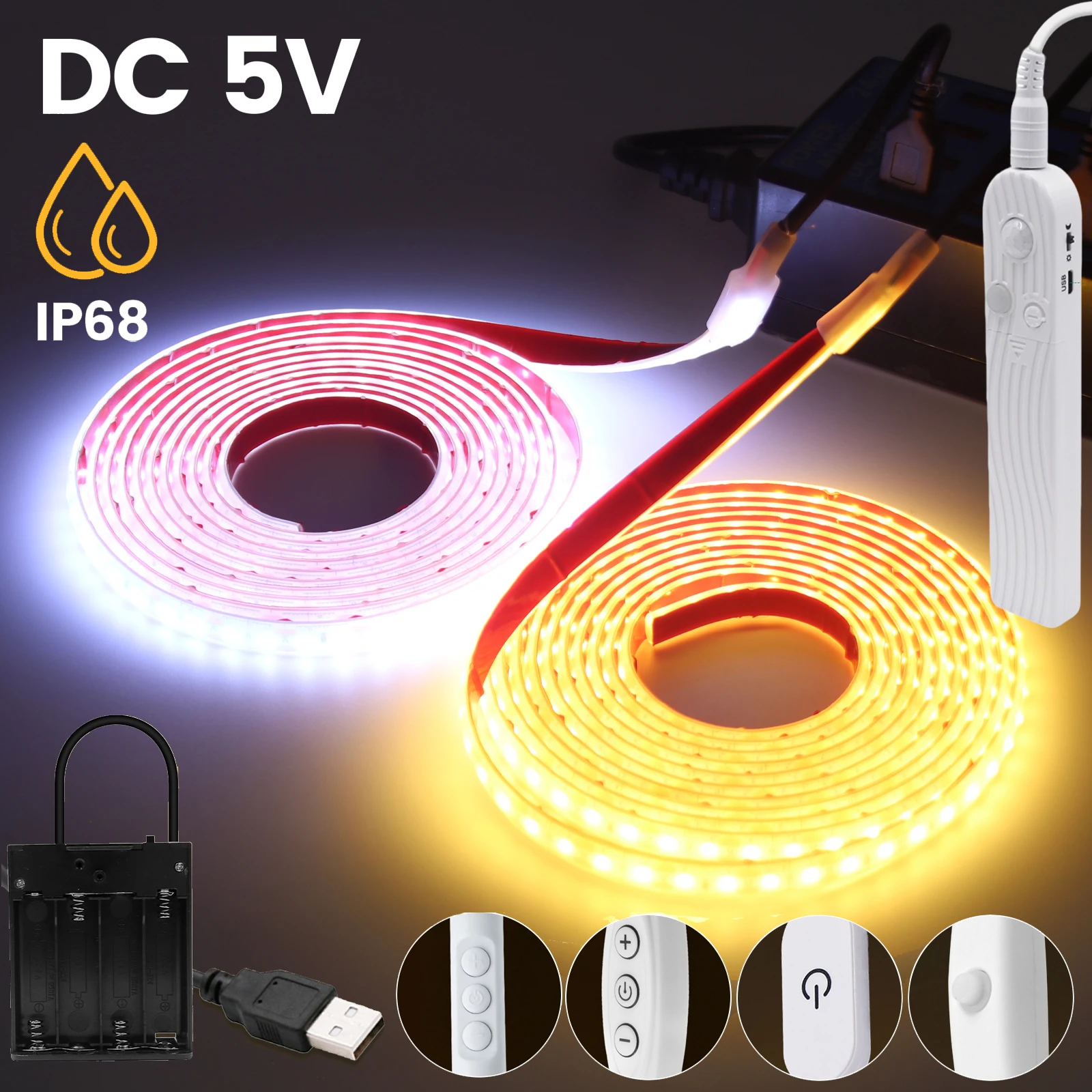 IP68 Waterproof 5V USB COB LED Strip Motion Sensor Flexible Adhesive Light 120Led/m 3keys Touch Dimmer Battery Power Warm White
IP68 Waterproof 5V USB COB LED Strip Motion Sensor Flexible Adhesive Light 120Led/m 3keys Touch Dimmer Battery Power Warm White