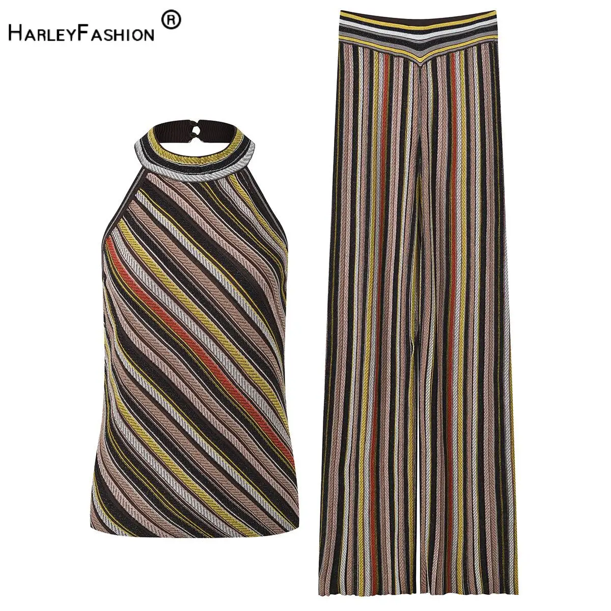 2025 Autumn New Arrival Lady Streetwear Suit Sexy Halter Sleeveless Tops Wide Legs Pants Women Colorblock Stripes Knits 2pcs
2025 Autumn New Arrival Lady Streetwear Suit Sexy Halter Sleeveless Tops Wide Legs Pants Women Colorblock Stripes Knits 2pcs