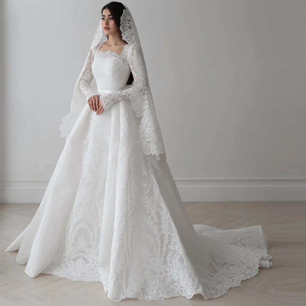 Modern Long Sleeves Customized Bridal Gowns Elegant Square Collar A-Line Wedding Dress Exquisite Appliques Lace Vestido De Novia
Modern Long Sleeves Customized Bridal Gowns Elegant Square Collar A-Line Wedding Dress Exquisite Appliques Lace Vestido De Novia