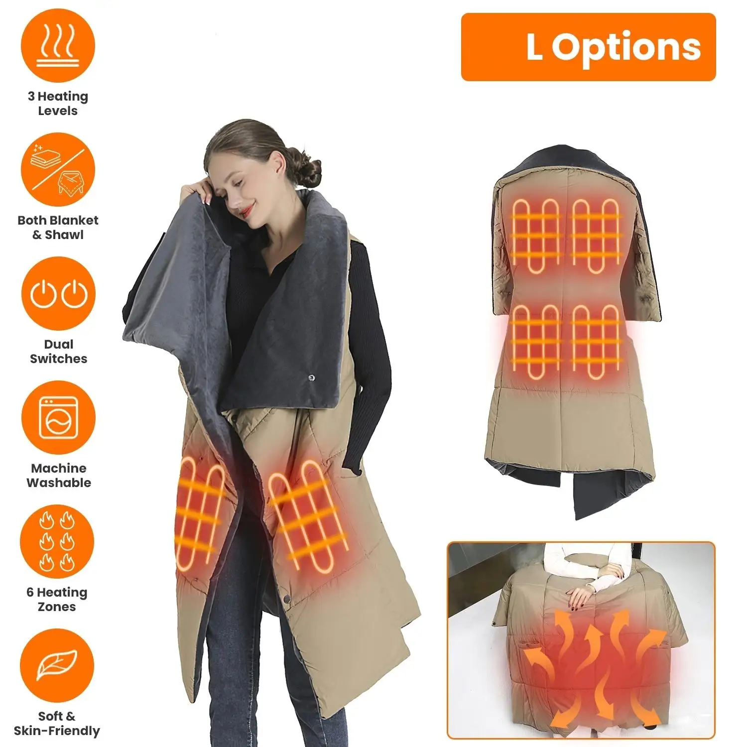 USB Heated Blanket Poncho with Zipper, Arm Pockets, 3 Heat Settings, 6 Zones, Dual Switch - Washable for home & Travel
USB Heated Blanket Poncho with Zipper, Arm Pockets, 3 Heat Settings, 6 Zones, Dual Switch - Washable for home & Travel