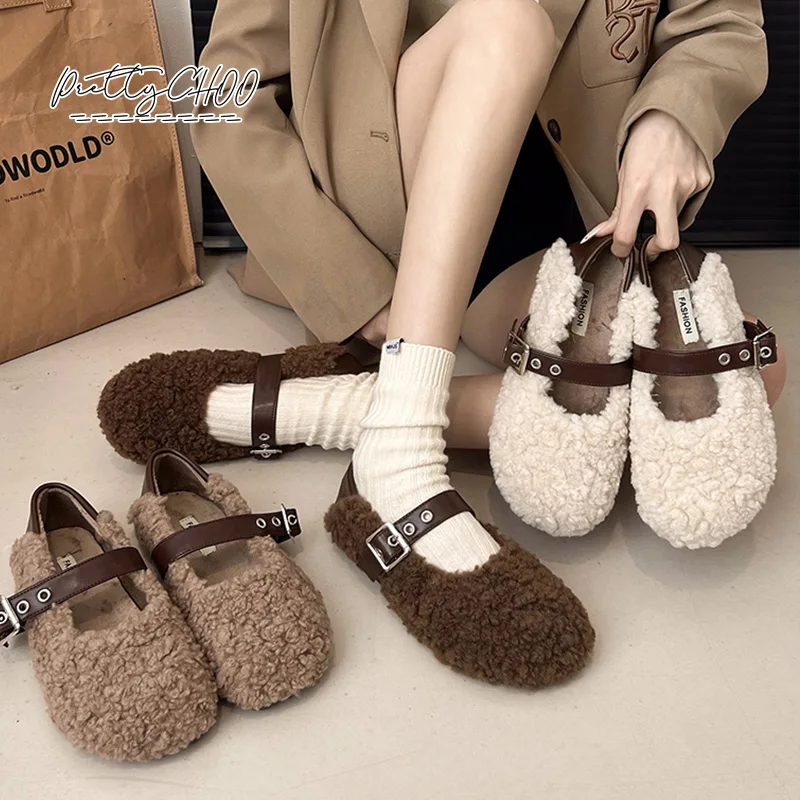 Brown Teddy Fur Ballet Flats Woman Curly Lambswool Buckle Strap Mary Jane Shoes Ladies Winter Warm Plush Round Toe Flat Loafers
Brown Teddy Fur Ballet Flats Woman Curly Lambswool Buckle Strap Mary Jane Shoes Ladies Winter Warm Plush Round Toe Flat Loafers