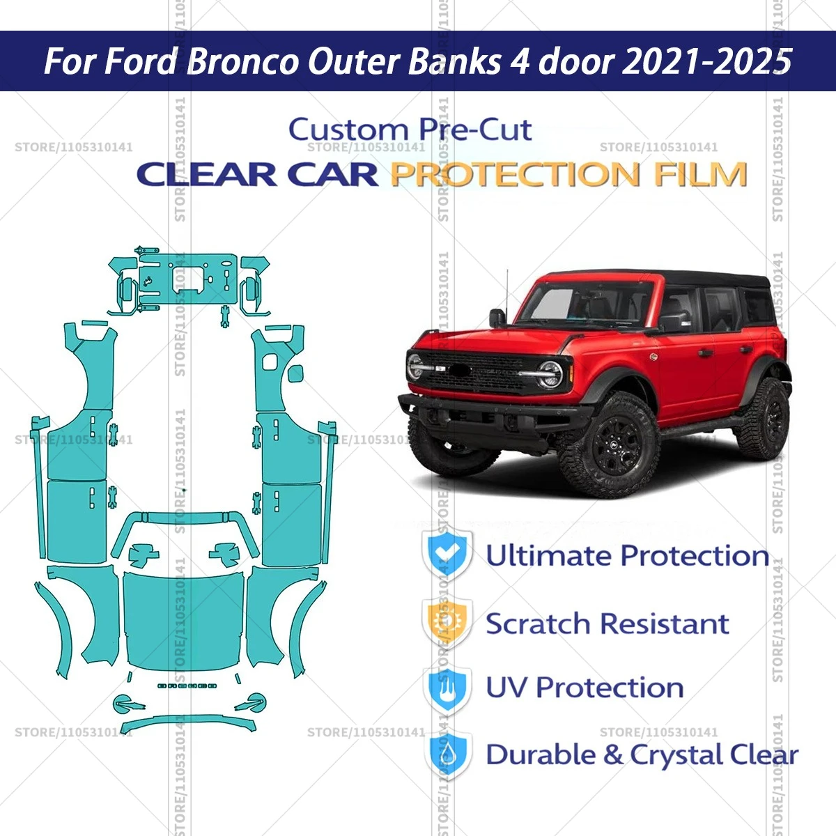 Защитная пленка PPF для Ford Bronco Outer Banks 4-дверный 2021-2025, предварительно вырезанная, прозрачная, для полной оклейки автомобиля
Защитная пленка PPF для Ford Bronco Outer Banks 4-дверный 2021-2025, предварительно вырезанная, прозрачная, для полной оклейки автомобиля