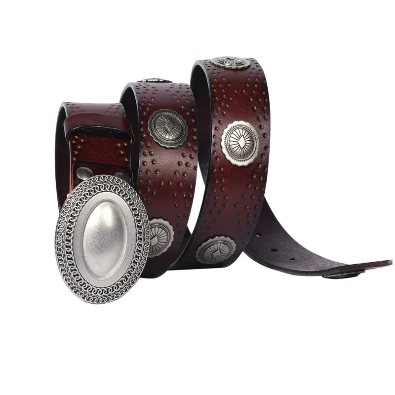 European and American style fashionable buckle personalized embossed men's and women's cowhide belt rivet genuine leather belt
European and American style fashionable buckle personalized embossed men's and women's cowhide belt rivet genuine leather belt