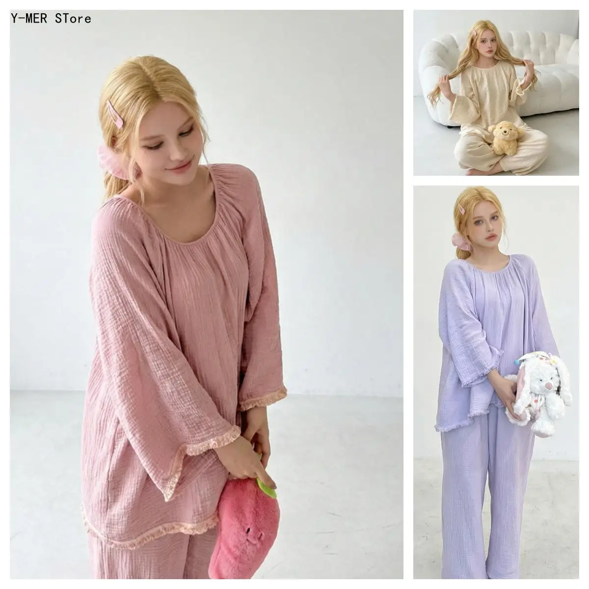 Women's Cotton Pajama Set Spring and Autumn New Round Neck Double-Layer Gauze Pleated Fabric Loose Long Sleeved Casual Wear
Women's Cotton Pajama Set Spring and Autumn New Round Neck Double-Layer Gauze Pleated Fabric Loose Long Sleeved Casual Wear