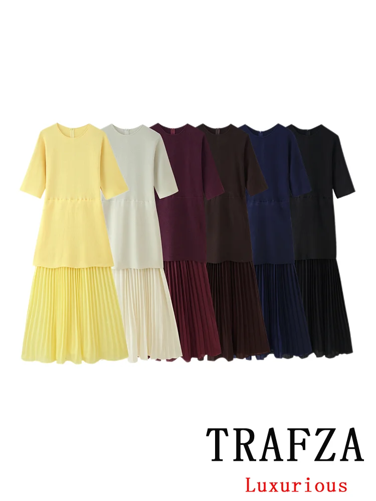 TRAFZA Women Casual Elegant Knit Dress Short Sleeve O-Neck Pleated Dress New Fashion 2025 Summer Patchwork Chiffon Holiday Dress
TRAFZA Women Casual Elegant Knit Dress Short Sleeve O-Neck Pleated Dress New Fashion 2025 Summer Patchwork Chiffon Holiday Dress