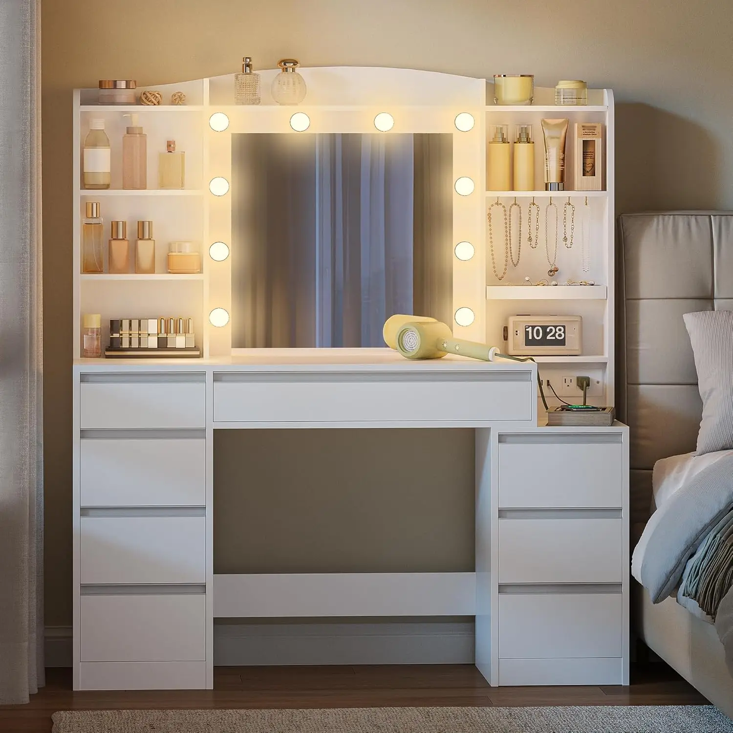 47.2'' Large Vanity Desk with a Mirror, Vanity with LED Light, Makeup Vanity with Power Strip, 8 Drawers and 8 Shelves,Simple, W
47.2'' Large Vanity Desk with a Mirror, Vanity with LED Light, Makeup Vanity with Power Strip, 8 Drawers and 8 Shelves,Simple, W