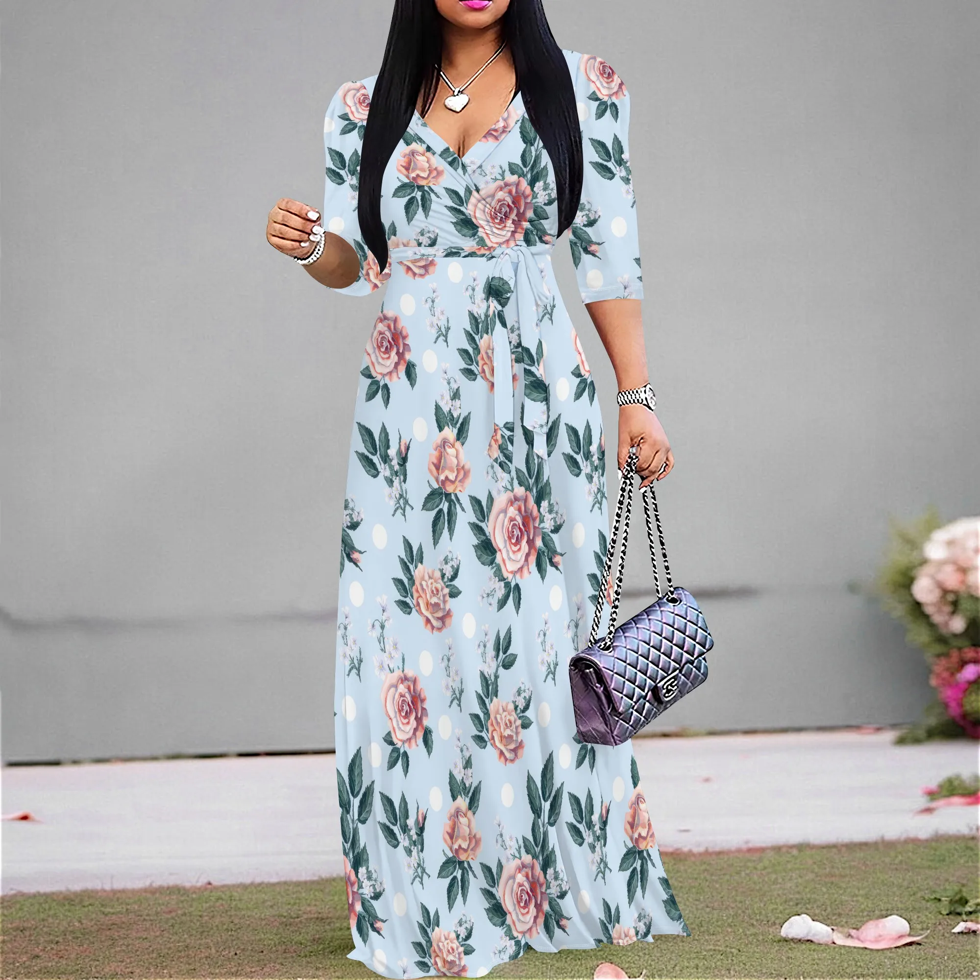 Blue Polka Dot Rose Print Maxi Dress Women's Casual Belted Elegant V Neck Summer Outfit
Blue Polka Dot Rose Print Maxi Dress Women's Casual Belted Elegant V Neck Summer Outfit