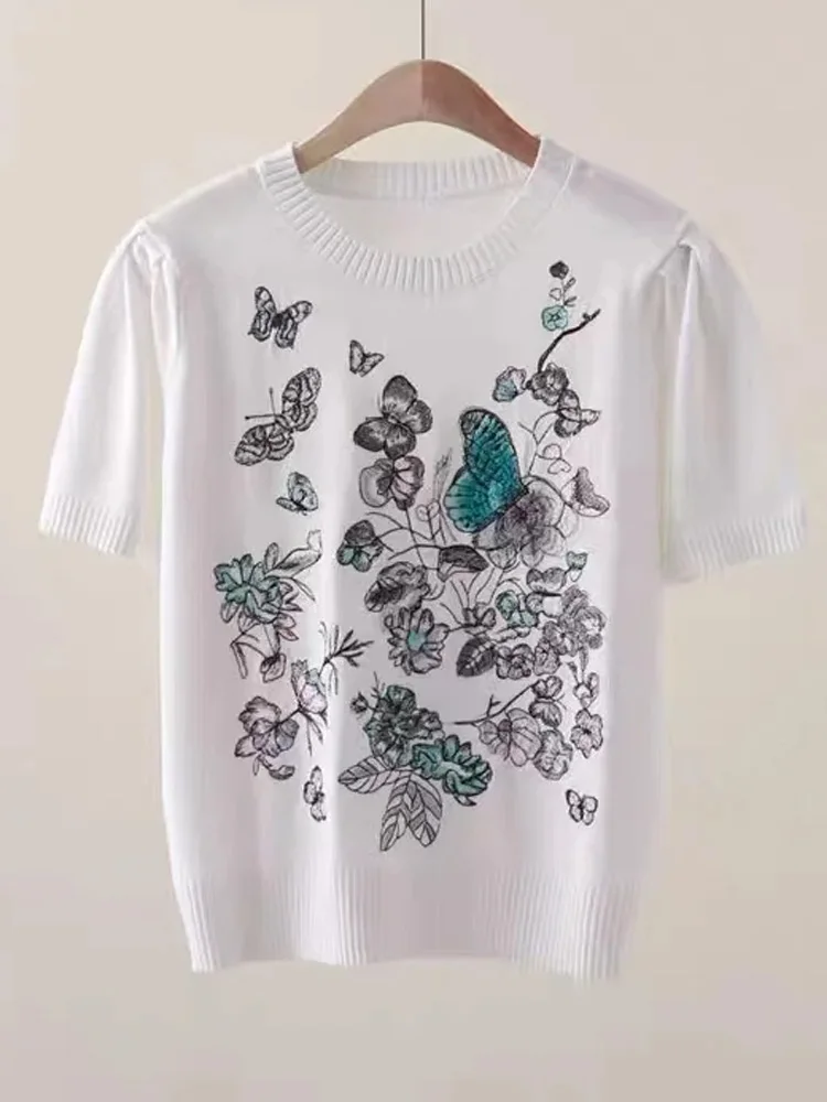 2025 Summer Butterfly Flower Embroidery Knit TShirt Women Vintage O-Neck Short Sleeve Pullover Knitting T Shirts Tops Mujer Tees
2025 Summer Butterfly Flower Embroidery Knit TShirt Women Vintage O-Neck Short Sleeve Pullover Knitting T Shirts Tops Mujer Tees
