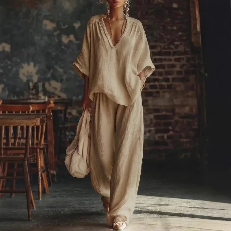 Vintage Women Simple Casual Pure Cotton Linen V Neck Batwing Sleeve Top Wide Leg Pants Casual Loose Outfit For Summer Vacation
Vintage Women Simple Casual Pure Cotton Linen V Neck Batwing Sleeve Top Wide Leg Pants Casual Loose Outfit For Summer Vacation